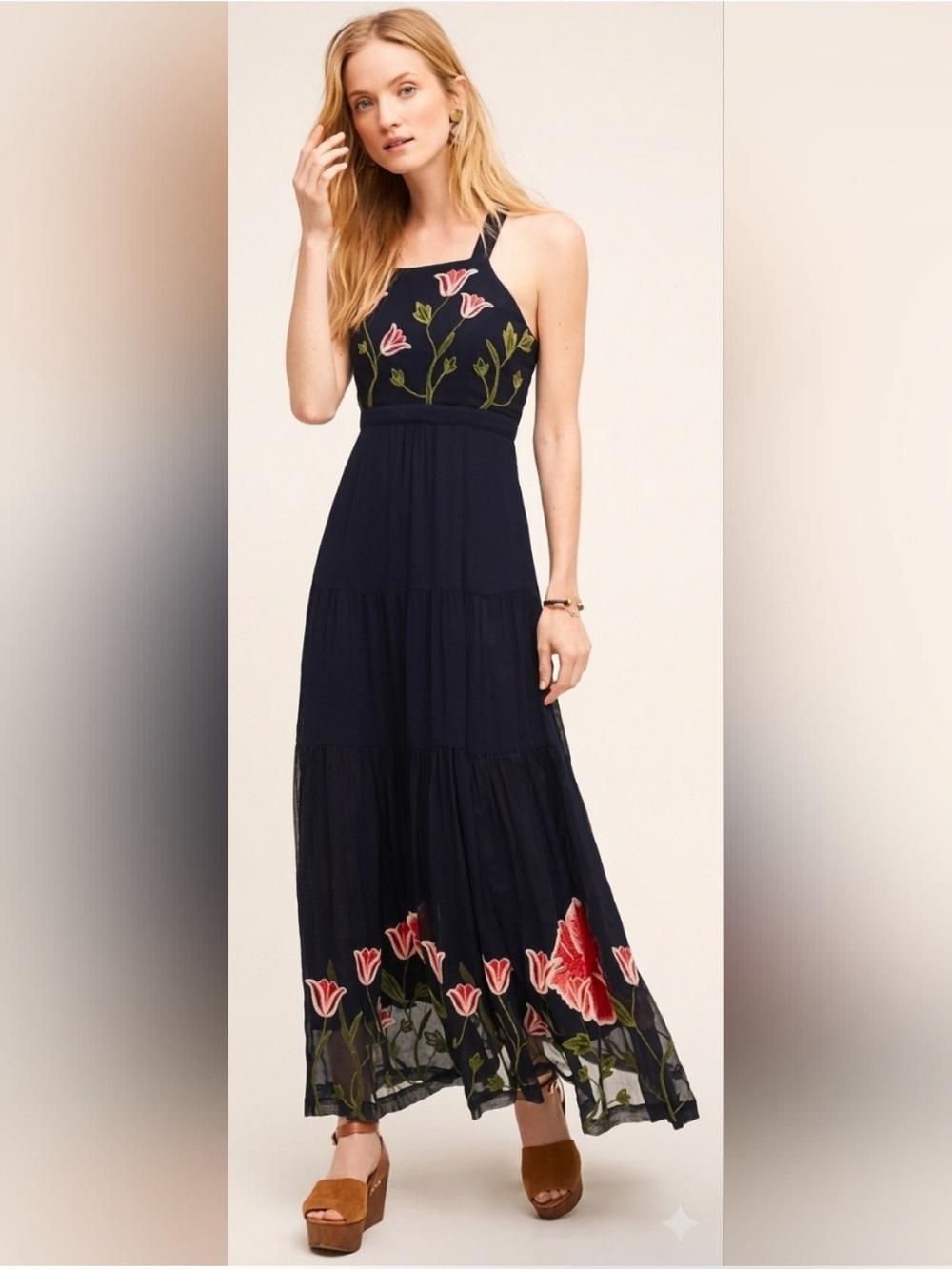 Floreat Navy Embroidered Halter Maxi Dress with Pink & Green Floral Tulip